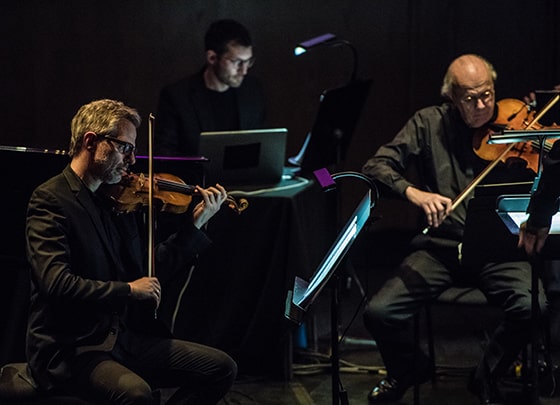 Principal Violin Jonathan Morton, composer Luke Lewis and Principal Viola Paul Silverthorne performing at the Southbank Centre