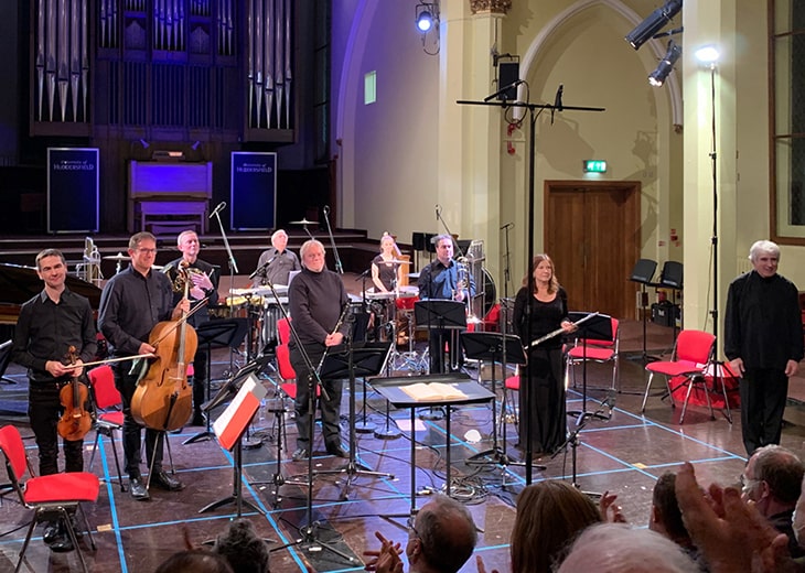 An image of London Sinfonietta musicians performing at the Huddersfield Contemporary Music Festival 2021