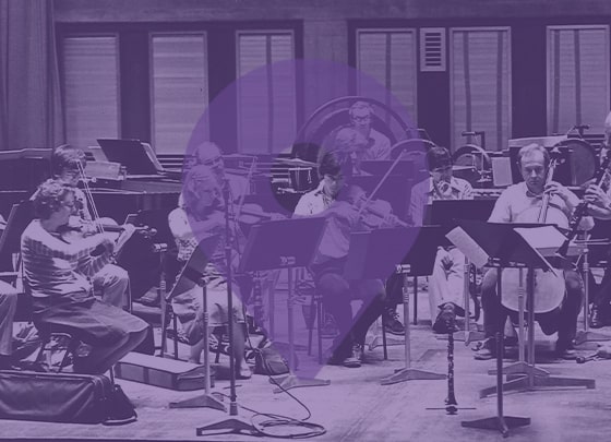 London Sinfonietta musicians in the 1970s, with a purple pindrop overlayed on top