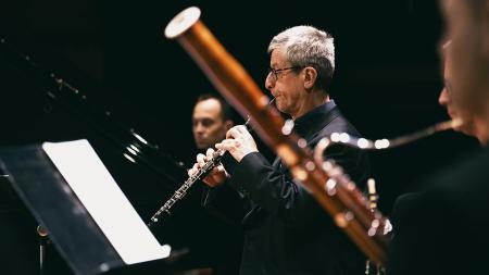 Principal Oboe Gareth Hulse performing at the Queen Elizabeth Hall in Leaning East