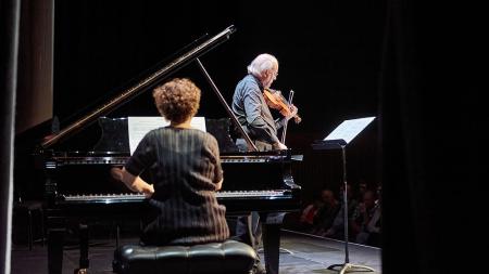 Pianist Elizabeth Burley and Principal Viola Paul Silverthorne performing at the London Sinfonietta's concert Turning Points: Organised Sound