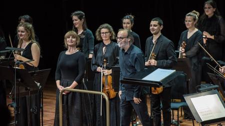 Singer Claire Booth, Conductor Ilan Volkov and the London Sinfonietta performing at the Queen Elizabeth Hall in Long Song of Solitude