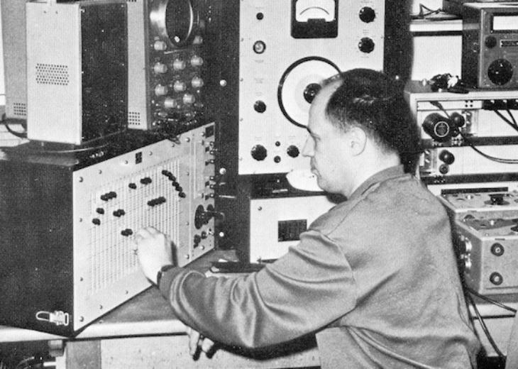 Pierre Boulez at work in an early musique concrète studio
