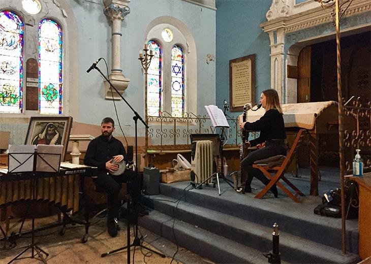 An image of London Sinfonietta musicians filming a Community Commission in Coventry